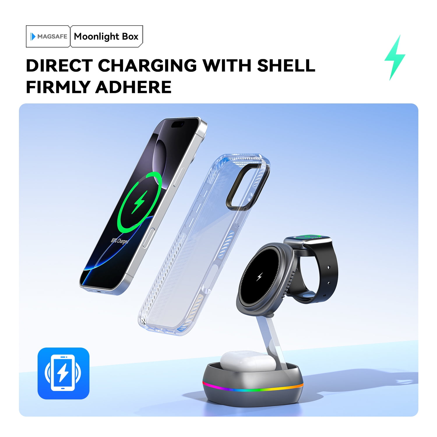 3-in-1 Foldable Wireless Charger Stand, 15W Fast Charging Station for iPhone, Apple Watch, AirPods, Desktop & Car Mount Compatible with iPhone 16/15/14/13/12 Series