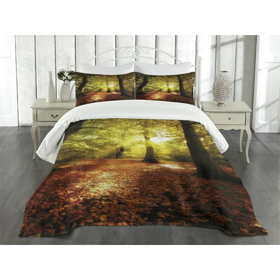 Ambesonne Fall Quilted Bedspread Set 3 Pcs, Blurry Forest Dreamy View, Queen Size, Pale Green Red Brown