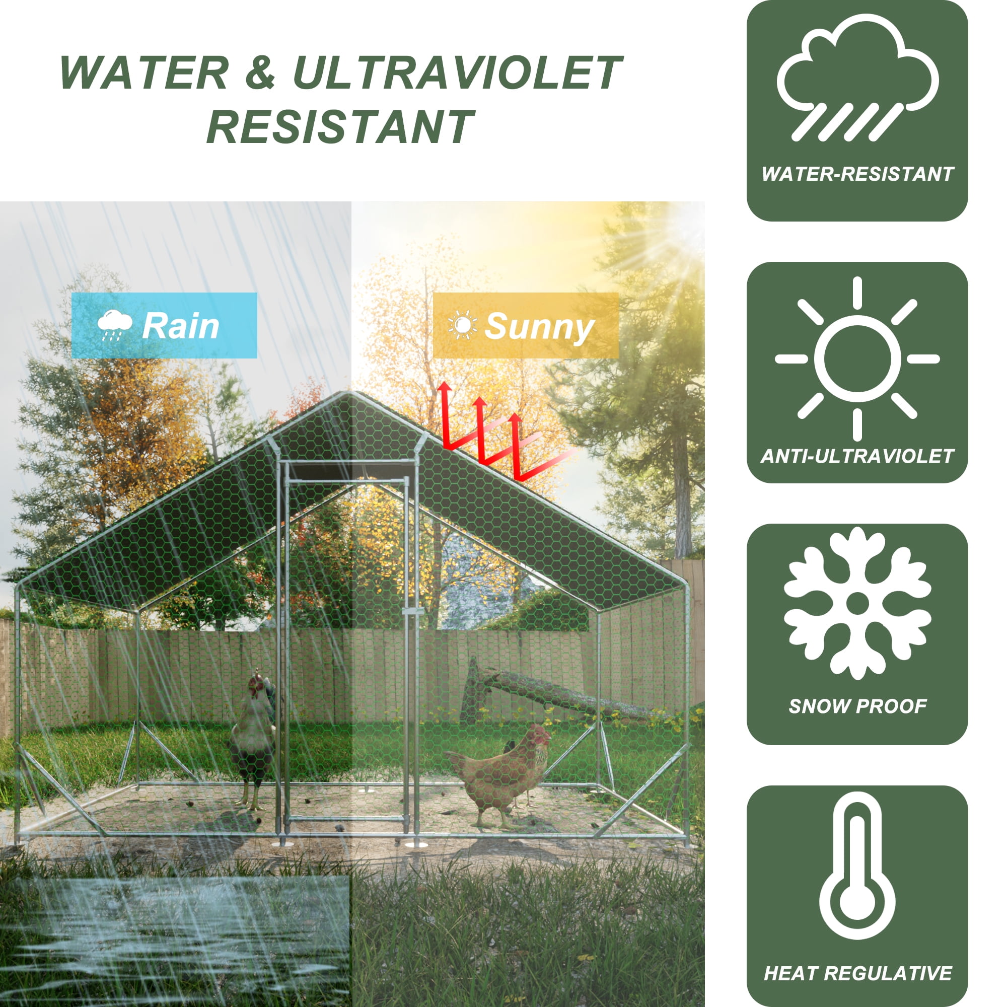Large Walk-in Metal Chicken Coop 10'×6.6'×6.56', Galvanized Wire Poultry Run Cage with Waterproof Anti-UV Cover for Chickens Ducks Rabbits Outdoor Backyard Farm