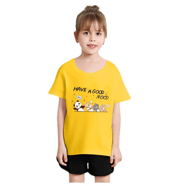 Chemises pour Fillettes Mode Enfant Imprimé Col Rond Manches Courtes Tee Décontracté Ample T-Shirt Hauts Filles Hauts Jaune 8 Ans-10 Ans