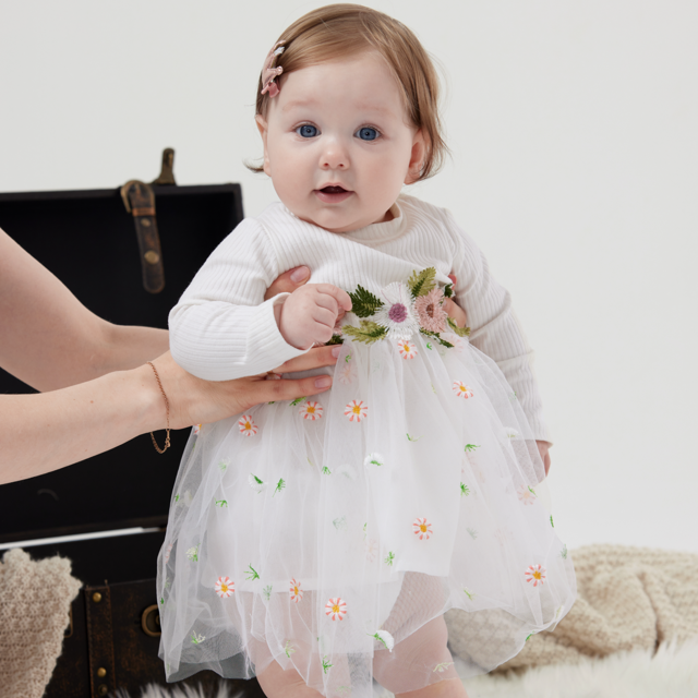 PatPat Baby Girl White Ribbed Long-sleeve Splicing Floral Embroidered Mesh Dress