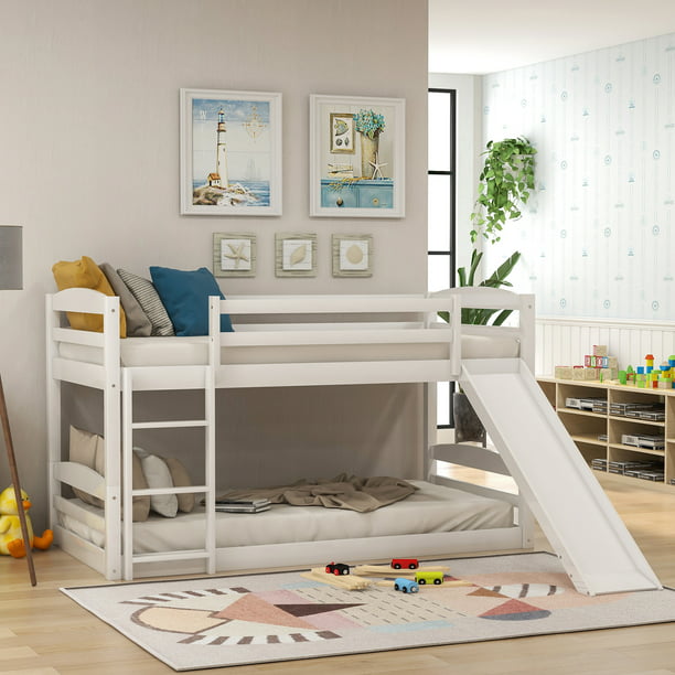 Euroco Twin Over Twin Low Bunk Bed With Slide And Ladder White Walmart Com Walmart Com
