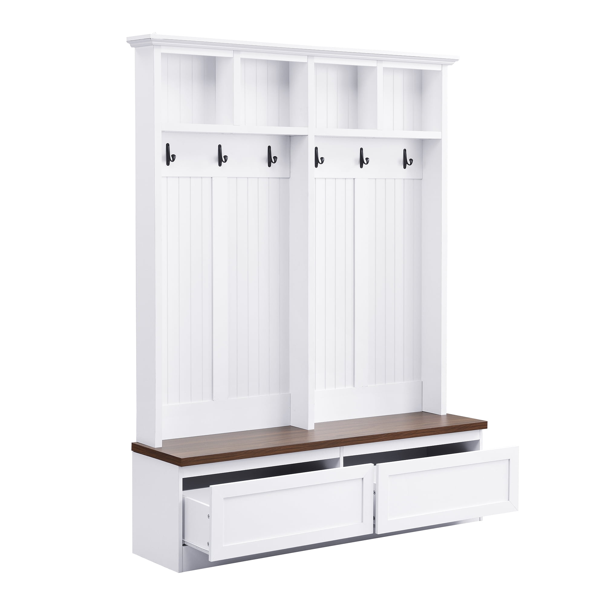 4 in 1 Hall Tree with Wood Grain Bench, Mudroom Versatile Coat Rack with 2 Large Drawer, Entrance Organizer for Hallway, Living Room, White, 55.9"W