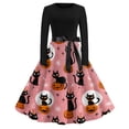 thumbnail image 2 of Women's Halloween Dress Witch Hat Skeleton Long Sleeve Cocktail Hepburn Fall Dress Crew Neck 1950s Funny Casual Tea Length Dress with Belt 3XL, 2 of 6
