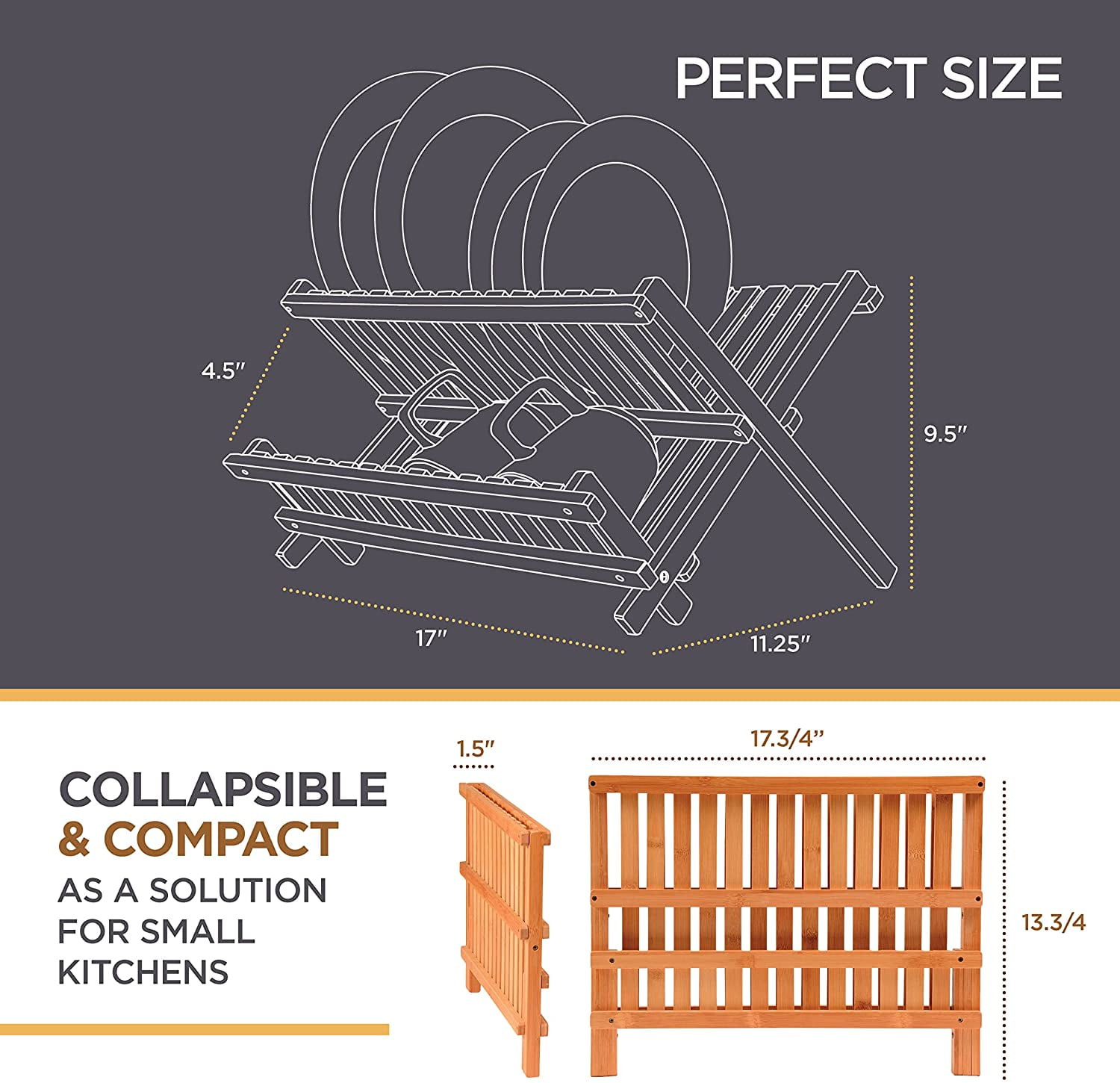 Bamboo Dish Rack Foldable Drying Collapsible Dish Drainer Wooden Plate Rack.