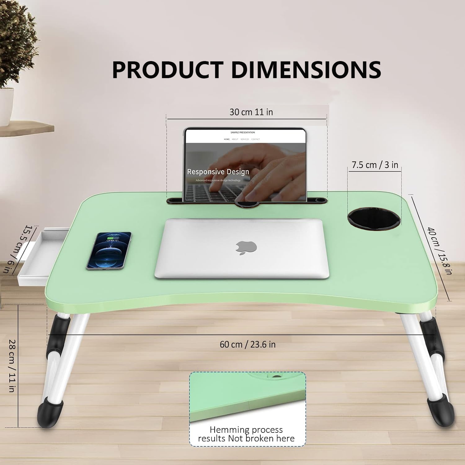 PHANCIR Foldable Lap Desk, 23.6 Inch Portable Wood Laptop Desk Table Workspace Organizer Bed Tray with iPad Slots, Cup Holder and Drawer, Anti-Slip for Working Reading Writing, Eating, Watching-Green