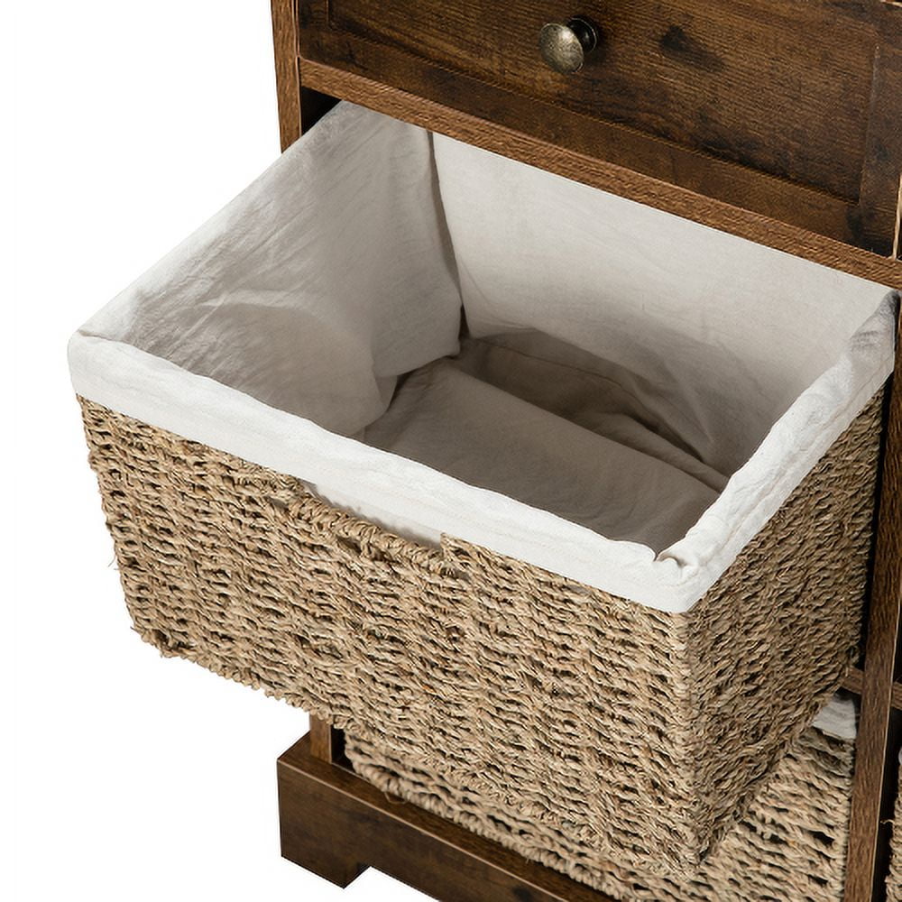 Knocbel Farmhouse Wicker Storage Cabinet with 2 Drawers and 4 Baskets,  Living Room Bedroom Wooden Chest of Drawers, Fully Assembled, 28 W x 11.8  D x