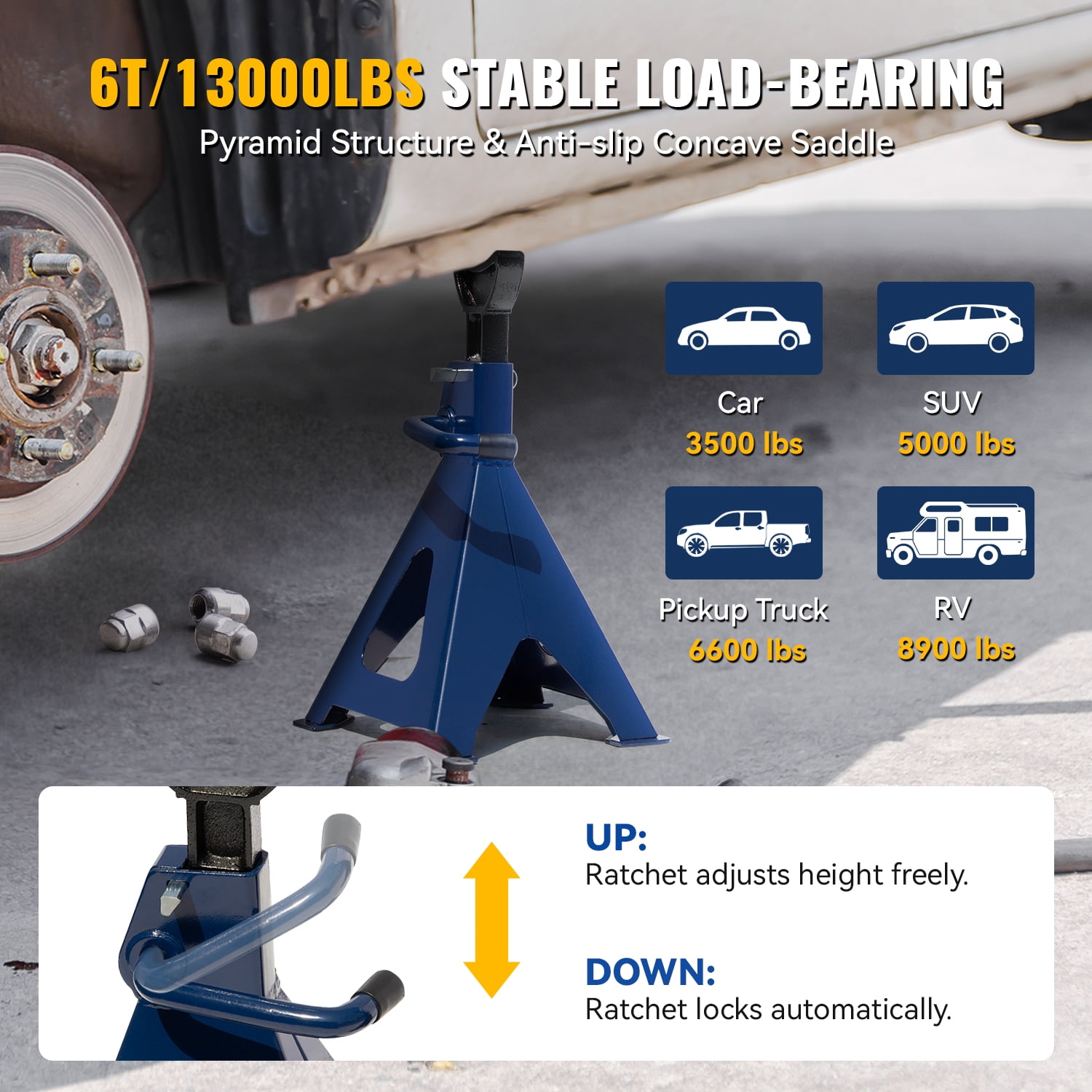 HPDAVV Jack Stands 6 Tons (13,000 lbs) Capacity, 16.7"- 23.8" Lifting Range Heavy Duty Car Jack Stands with Double Locking Pins for Garage, Repair Shop, 1 Pair