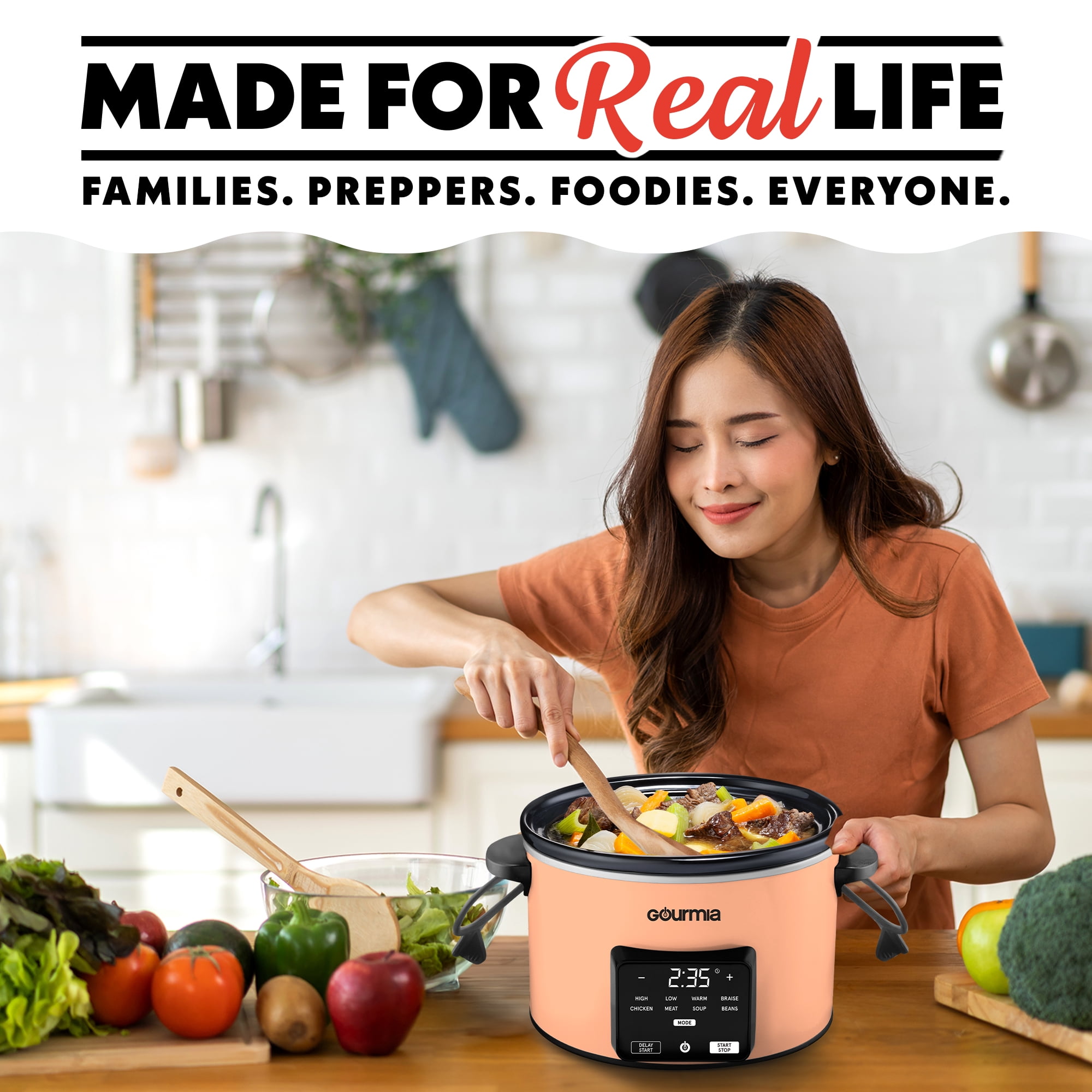 Gourmia 4.5 QT Programmable Slow Cooker, 5 Presets, Keep Warm, Peach