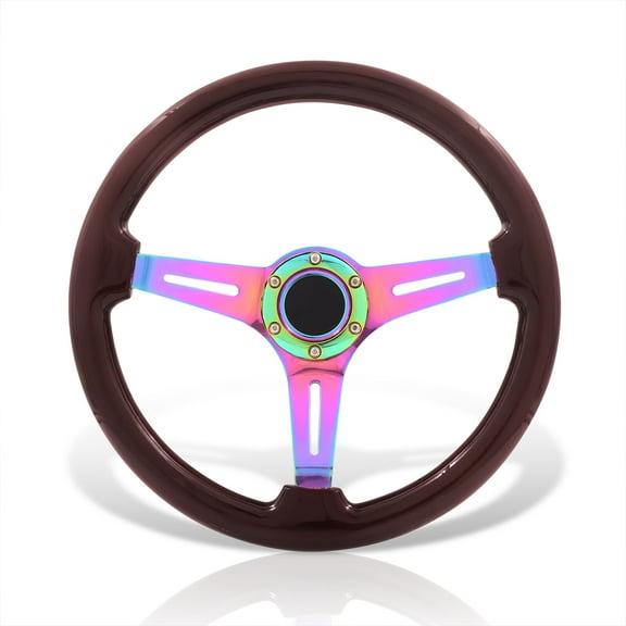 AJP Distributors Universal 350mm 14" 6 Bolts Holes Light Weight Steel Steering Wheel Dark Wood Grain Neo Chrome Deep Dish 3 Spoke Heavy Duty   Horn Button Replacement JDM VIP Sport