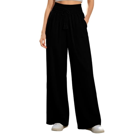 cocolona Womens Casual Ruffle High Waist Pants Elastic Waist Drawstring Wide Leg Vacation Lounge Pants with Pockets