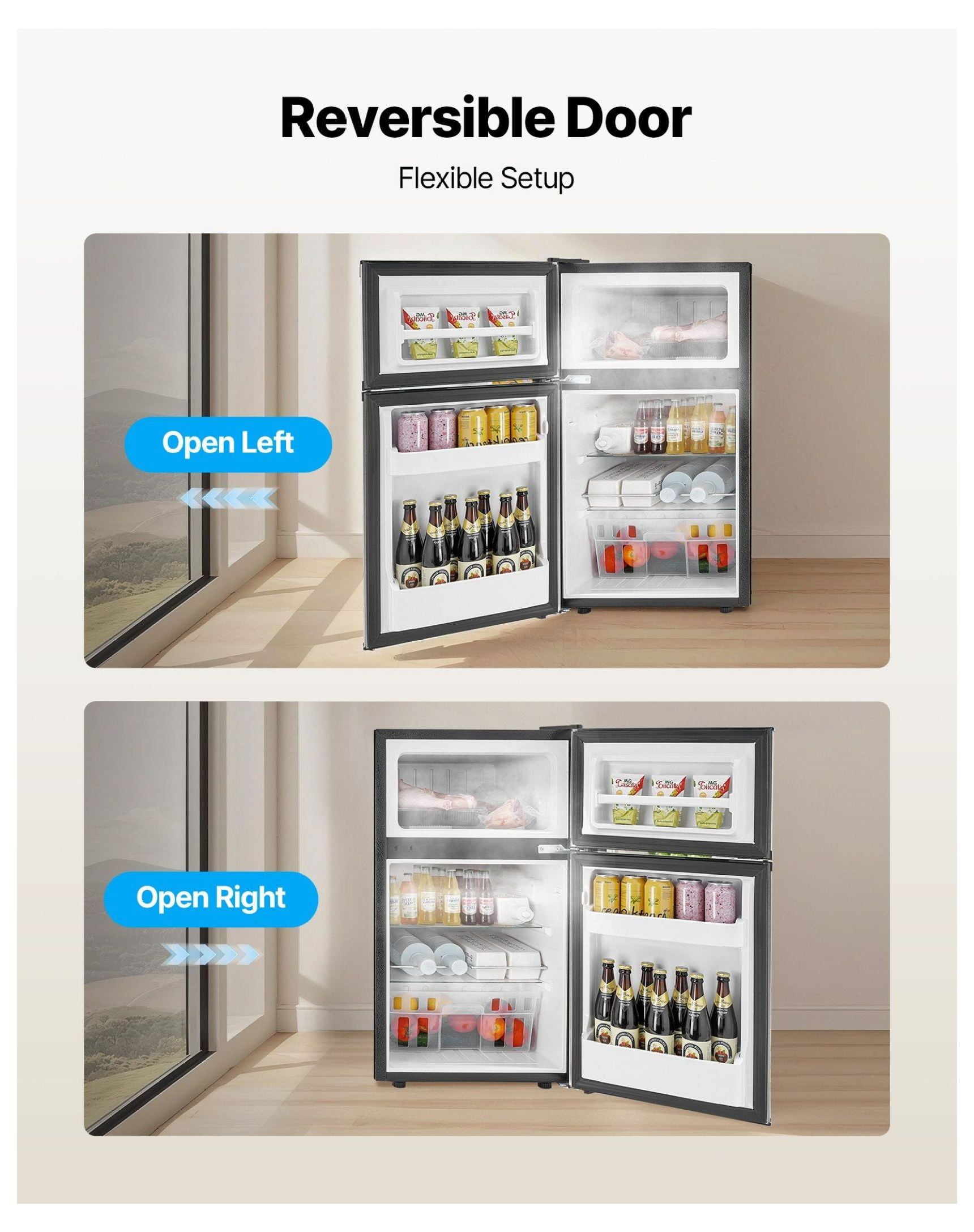 Mini Fridge with Freezer 3.2 Cu.Ft, Compact Refrigerator Two Door, Adjustable Temp, Energy Efficient, Reversible Door, Low Noise - Bedroom, Dorm, Office