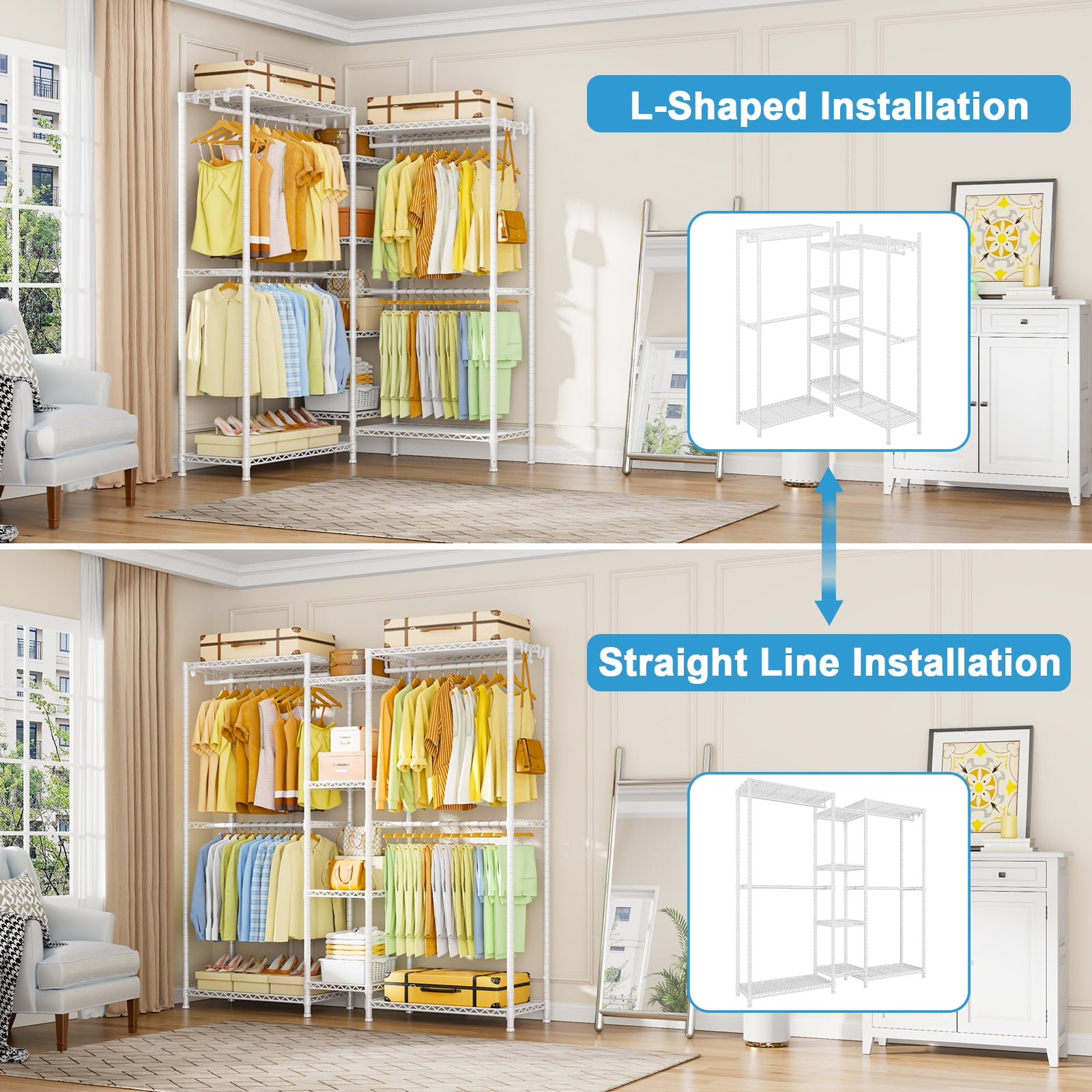 "Ulif E4 White Wire Garment Rack, Closet Organizer with 8 Shelves & 4 Hanger Rods, Heavy Duty, 71.6"" W x 79.3"" H"