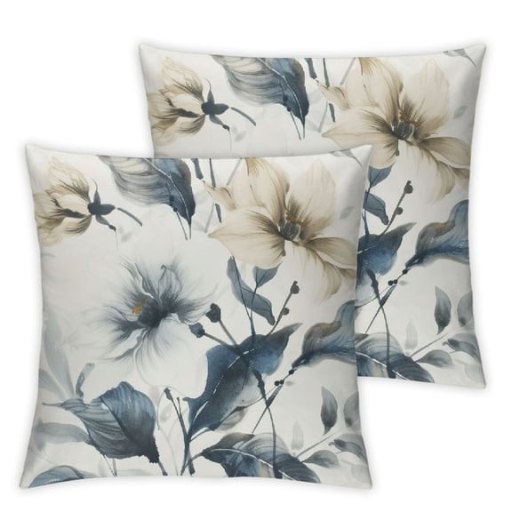 nygtbtfer Blue Floral Throw Pillow Covers Watercolor Flowers Leaves Decorative Pillows Soft Velvet Cushion Covers for Couch Sofa Bed Home Decor Set of 2 White