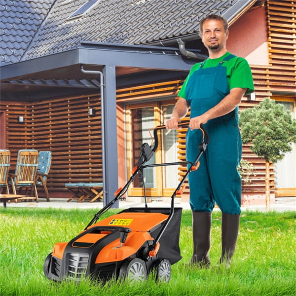 imerelez Corded Electric Lawn Mower:Corded Electric Lawn Dethatcher with 16-Inch Cutting Width, Wear-Resistant Wheels & Large Removable Grass Bag for Home Lawn - Orange