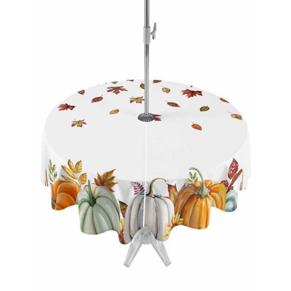 Outdoor Tablecloth with Umbrella Hole and Zipper, Orange Pumpkins Fall Round Table Cloth 54 Inch Waterproof Tablecloth, Thanksgiving Autumn Maple Leaf Sunflower Picnic Table Cover for Patio Camping