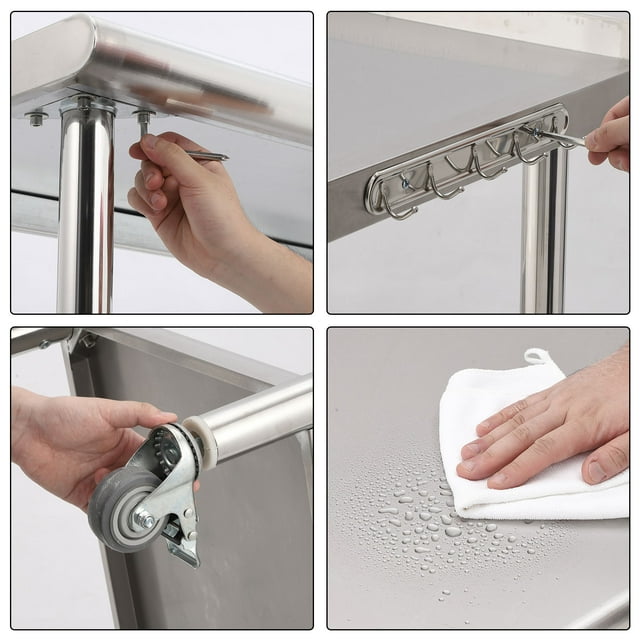 GloryStar Table de Préparation et de Travail en Acier Inoxydable, Table Utilitaire Commerciale Robuste avec Tablette Inférieure Réglable et Crochets à Outils pour Cuisine, Entrepôt, Garage et Jardin