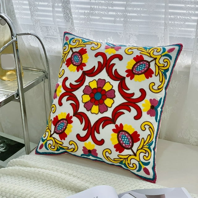 Funda de cojín decorativa | Funda de cojín para sofá con bordado floral para sala de estar | Funda de almohada cuadrada de tela de lino | Funda de cojín decorativa para sofá y dormitorio