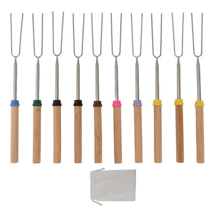 

10Pcs Barbecue Forks Multifunctional Stainless Steel Telescoping Roasting Stick with Wood Handle for Outdoor BBQ Camping