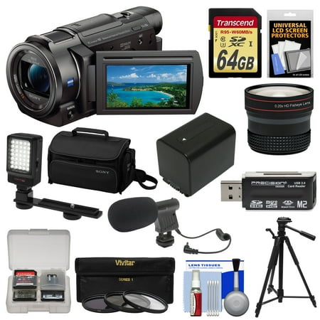 Sony Handycam FDR-AX33 Wi-Fi 4K Ultra HD Video Camera Camcorder + 64GB Card + Sony Case & Tripod + LED Light + Microphone + Battery + Fisheye Lens Kit