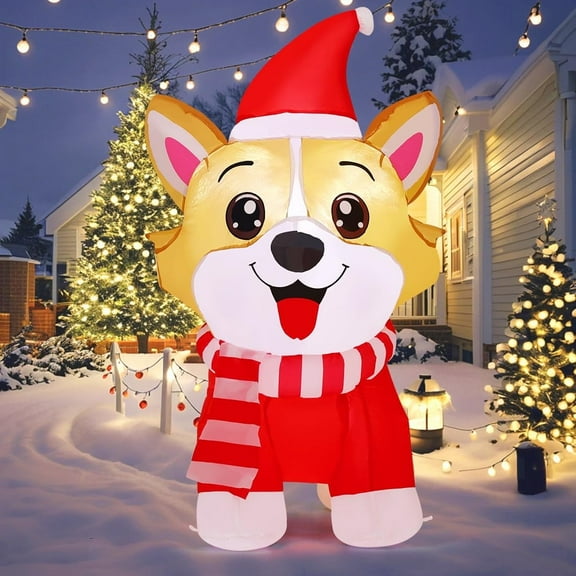 GOOSH Christmas Inflatables 4.2 FT Inflatable Dog Wearing Hat with Built-in LED Lights, Cute Inflatable Christmas Dog Blow up Corgi Dog, Outdoor Christmas Decorations for Xmas Holiday Party