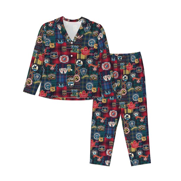 Fotbe Adventure Camping Badge Conjunto de Pijama de Manga Larga para Mujer con Estampado, Ropa de Dormir de 2 Piezas, Conjunto de Casa Suave y Cómodo con Bolsillos-Medium