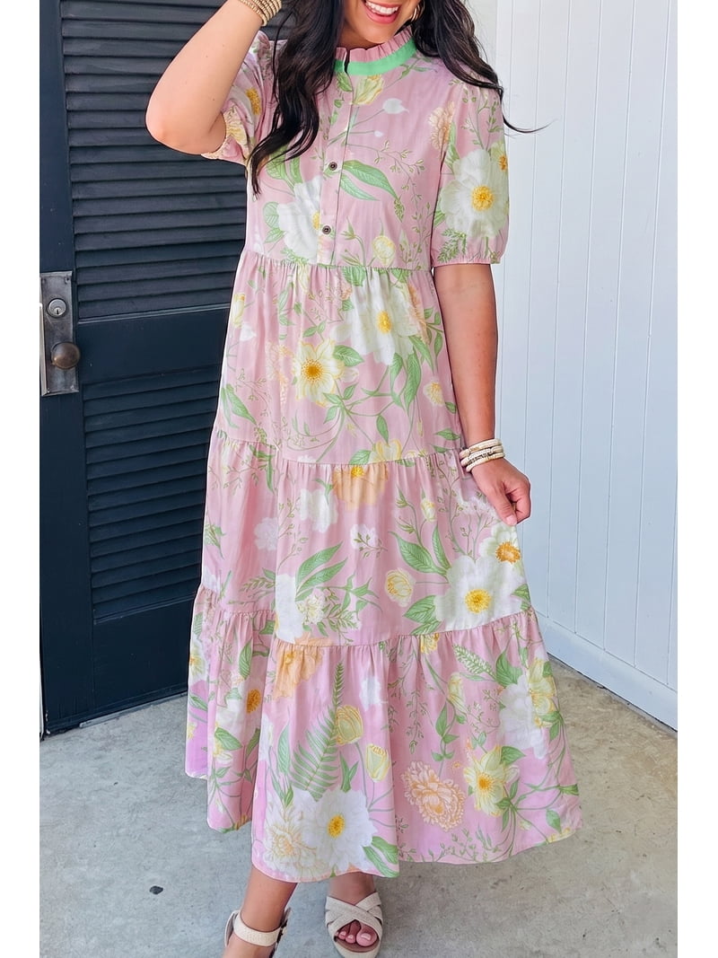 bohemian easter dress Zhihimeri Boho Floral Print Dress for Women 100% Cotton Tiered Maxi Dress with Pockets for Easter L, Women's, Size: Large, Pink