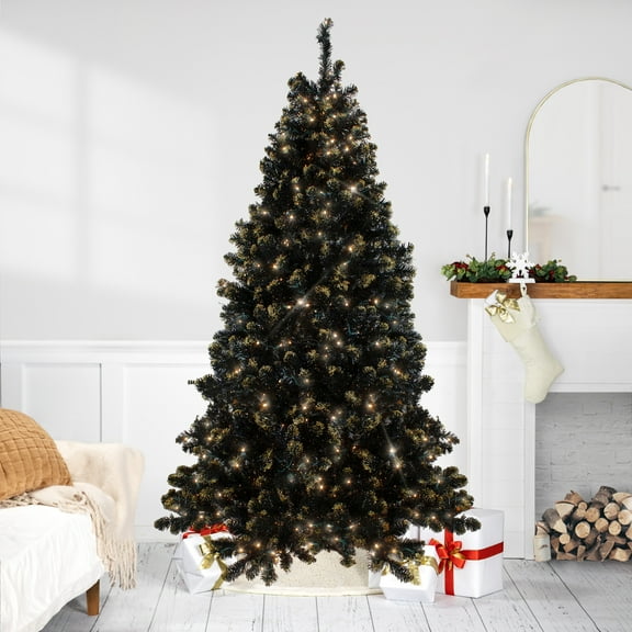 Northlight 7.5' Prelit Artificial Christmas Tree LED Black Crystal Pine with Gold Glitter - Clear