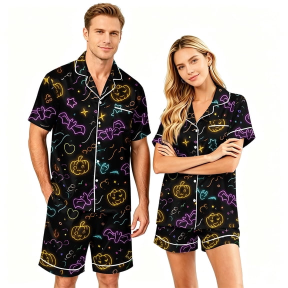 Spooky Season Couples Matching Pajamas Set Halloween Print Short Sleeve Button Up Sleepwear and Shorts Festive Sleepwear Attire