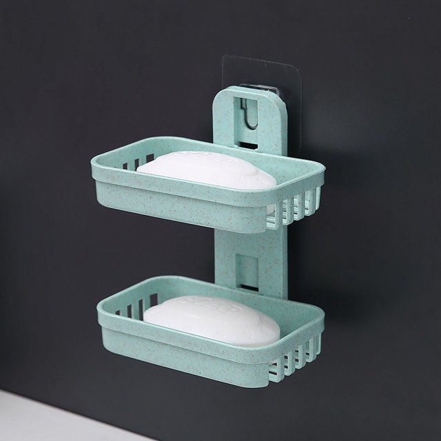 Jabonera, caja de jabón doble de paja de trigo, caja de jabón con drenaje para el hogar, estante perforado gratis, verde