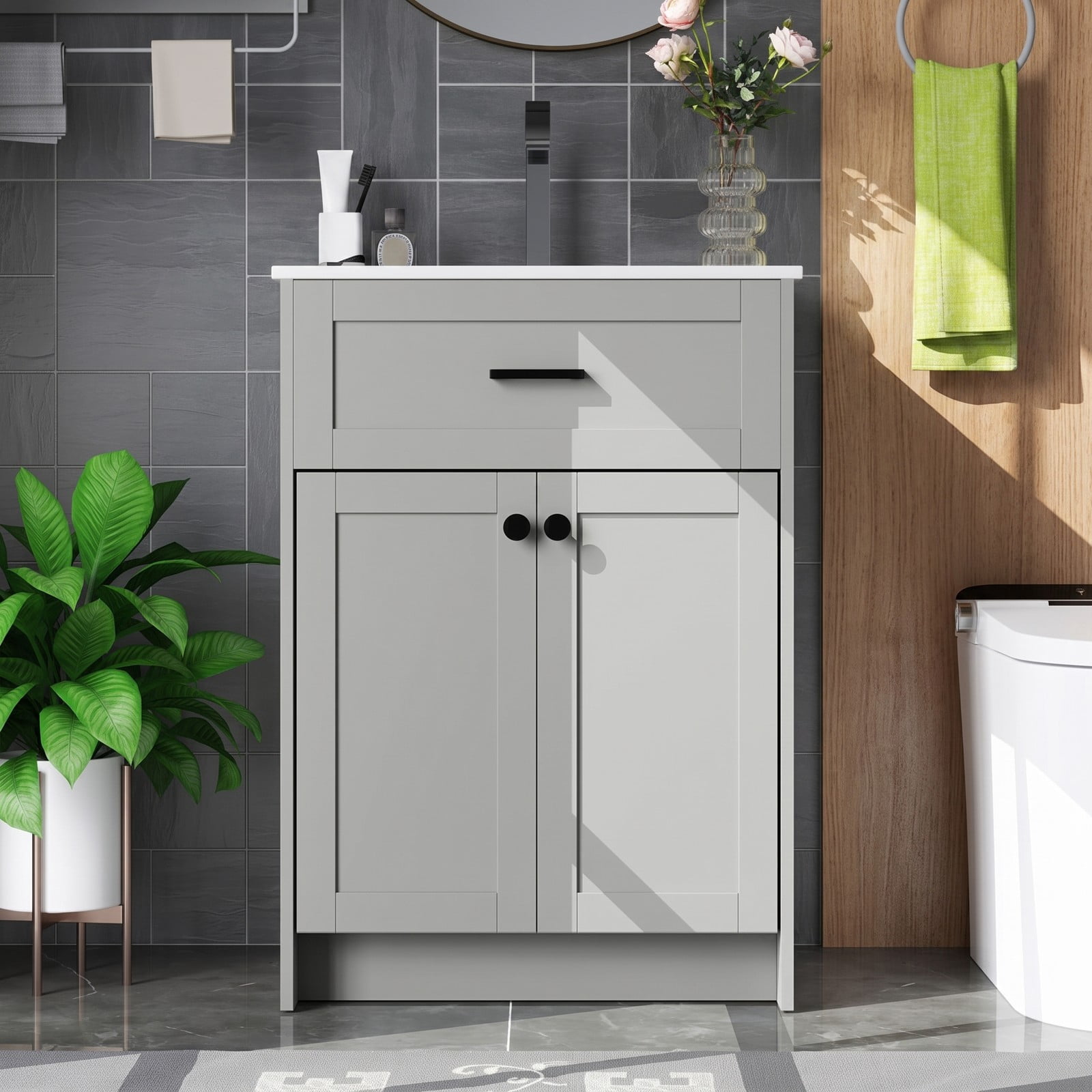 ALPULON Bathroom Vanity Unit with Ceramic Basin Sink, Freestanding 24 Inch Floor Standing Bathroom Vanity Cabinet with 2 Soft Close Doors and Pre-Drilled Faucet, Gray