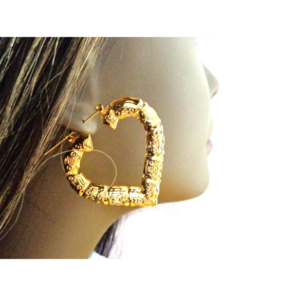 Bamboo Heart Earrings Gold Tone Heart 2 inch Hoops