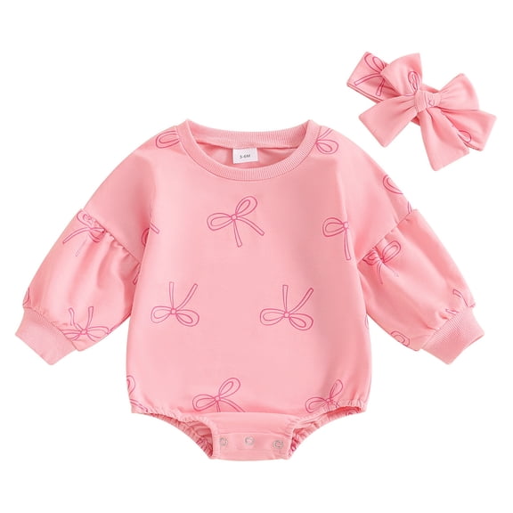 Zanarzt Baby Rompers Girl Baby Girl Bow Romper Puff Long Sleeve Sweatshirt Bubble Bodysuit Cute Spring Clothes with Headband Pink,12-18 Months