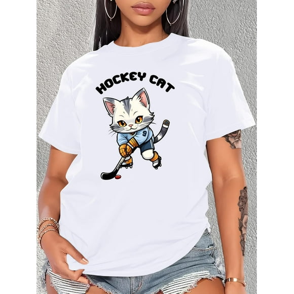 Women'S Casual Fashion T-Shirt, Cotton Crew Neck Short Sleeve with Hockey Cat Print, Knit Fabric, Medium Stretch, Spring/Summer/Fall Top - White