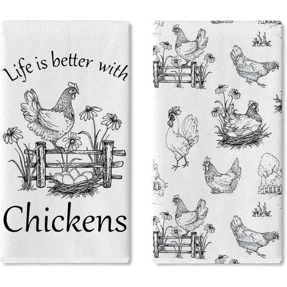 Farmhouse Live is Better with Chickens Kitchen Dish Towels Set of 2, Vintage Farm Rooster Hen Drying Hand Towel Baking Cooking Cloth, Rustic Country Eggs Floral Bathroom Home Decor 18'' x 26''