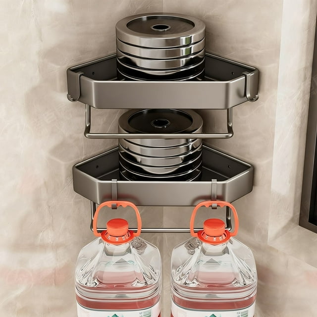 Estante de Almacenamiento para Baño de Acero Inoxidable Gris 32.5x24x5cm Estante para Toallas sin Perforaciones con Ganchos Diseño Ventilado para Artículos de Aseo y Cosméticos