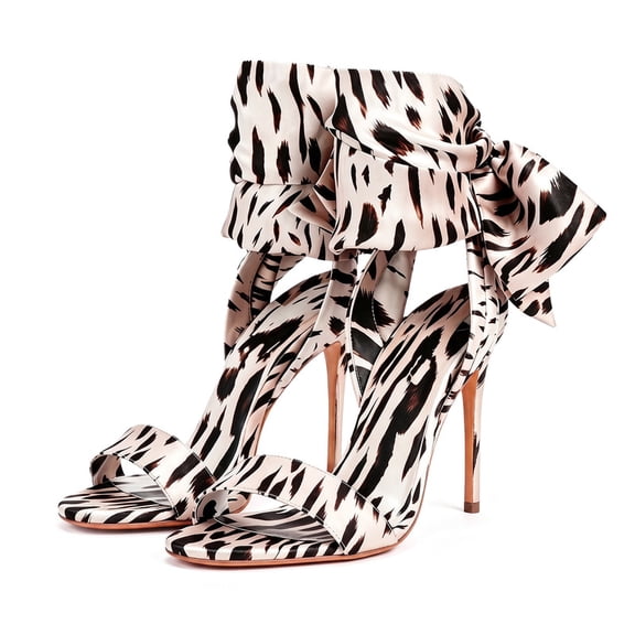 leopard print silk satin ankle wrap big bow stiletto heels for women sexy elegant open round toe high heels, wedding prom bachelorette cocktail party evening dress