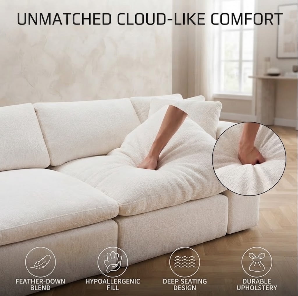 Oversized U-Shaped Sectional Sofa with Ottoman, 7-Seater Modular Chenille Cloud Couch, Deep Seat Frameless Sofa for Living Room, Apartment, Office
