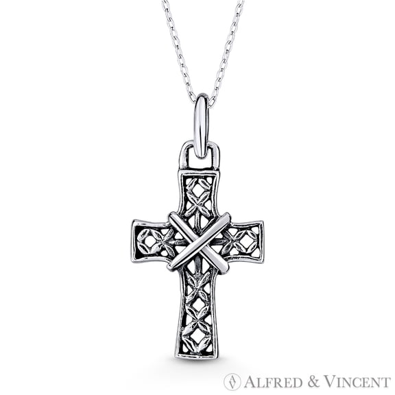 Gothic Latin & St. Andrew's Cross Christian Charm Pendant in Oxidized .925 Sterling Silver
