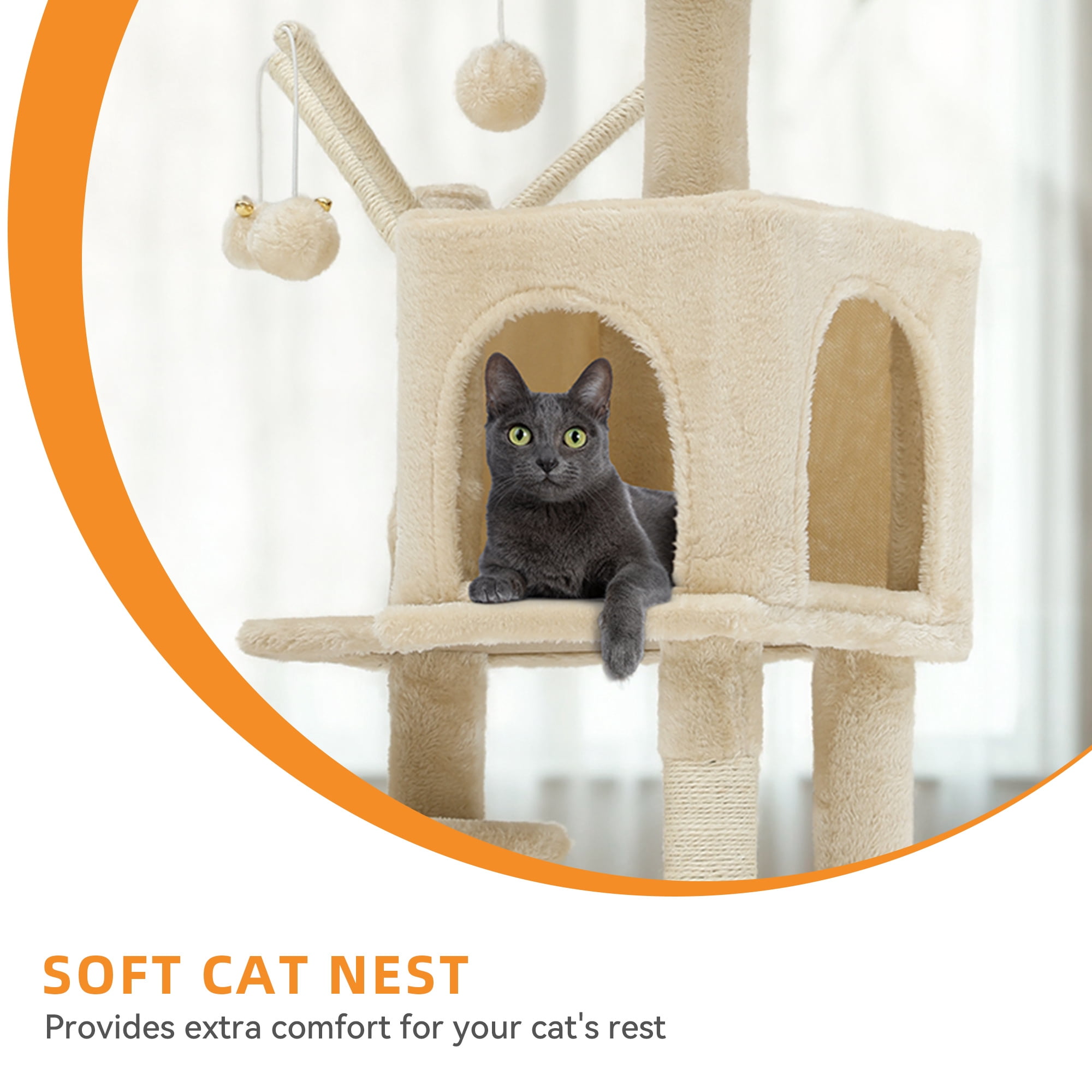 Uforic 44" Cat Tree Tower with Scratch Posts, Condo, Hammock & Toys, Beige