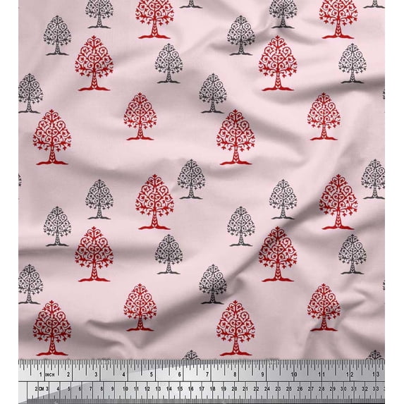 Soimoi Poly Georgette Fabric Tree Block Print Fabric by The Yard 52 Inch Wide