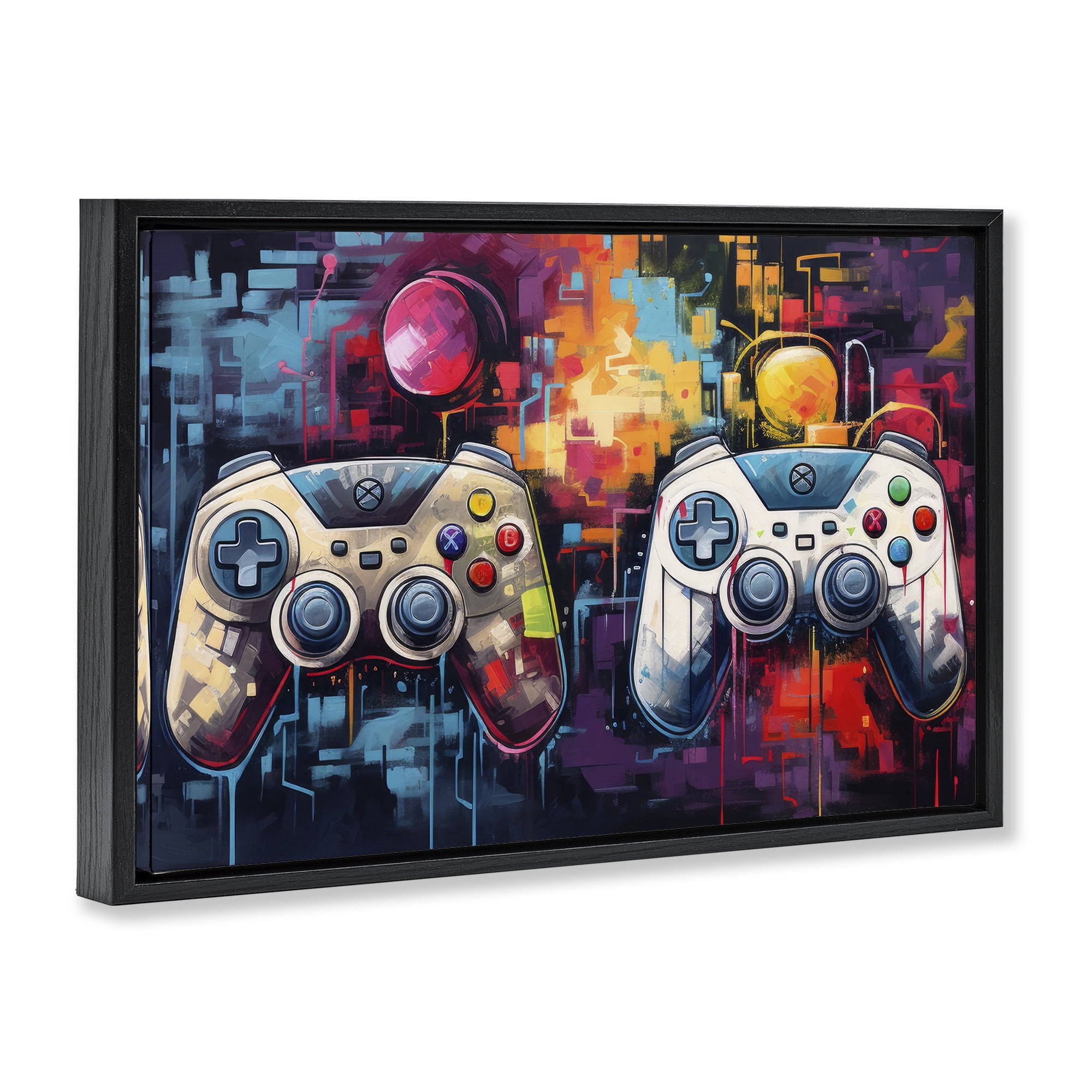 Stupell Industries Double Controller Modern Gamer Black Framed Floater Canvas Wall Art, design by Lazar Studio