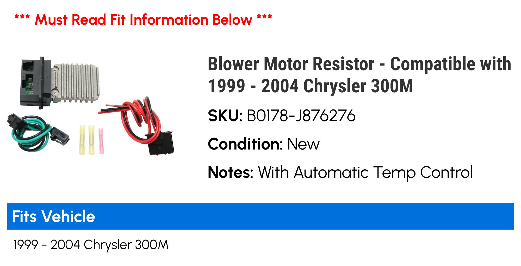 Blower Motor Resistor - Compatible with 1999 - 2004 Chrysler 300M 2000 2001 2002 2003