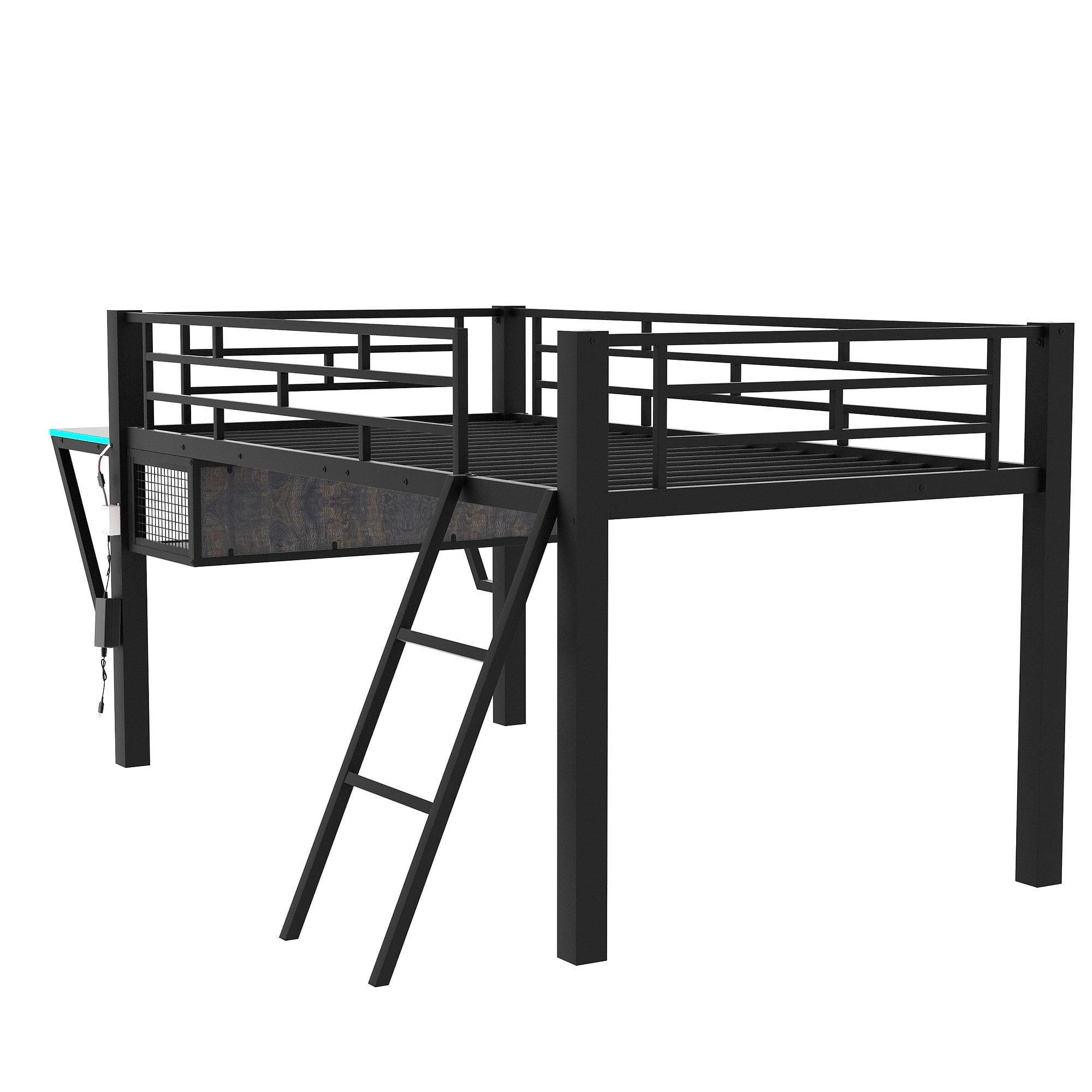 Mid-level loft playard with desk, LED light and single bed, featuring integrated TV table platform storage for furniture, toys or a play chair. Black