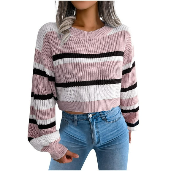 Fesfesfes Women Sweaters Casual Round Neck Stripe Long Sleeve Loose Sweater Fall Blouse Tops