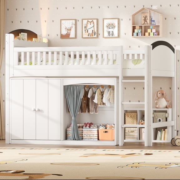 Euroco Wood Twin Loft Bed with Wardrobe and Cabinets, LED Light, White