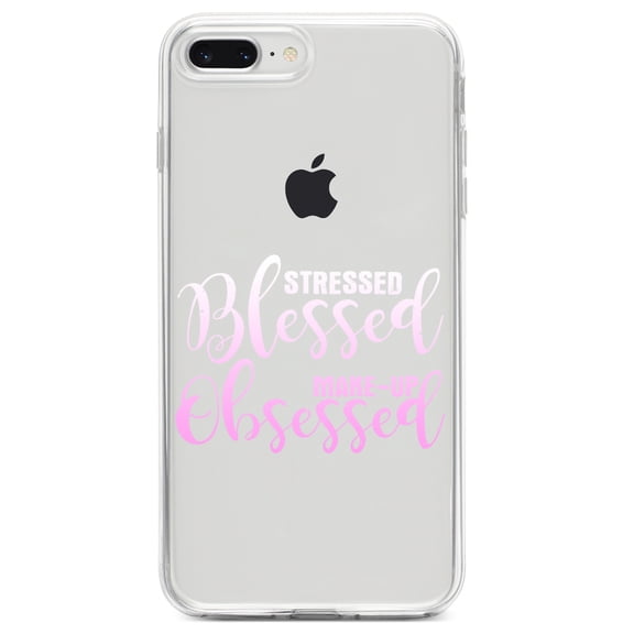 DistinctInk Clear Shockproof Hybrid Case for iPhone 7 PLUS / 8 PLUS (5.5" Screen) TPU Bumper Acrylic Back Tempered Glass Screen Protector - Stressed Blessed Make Up Obsessed