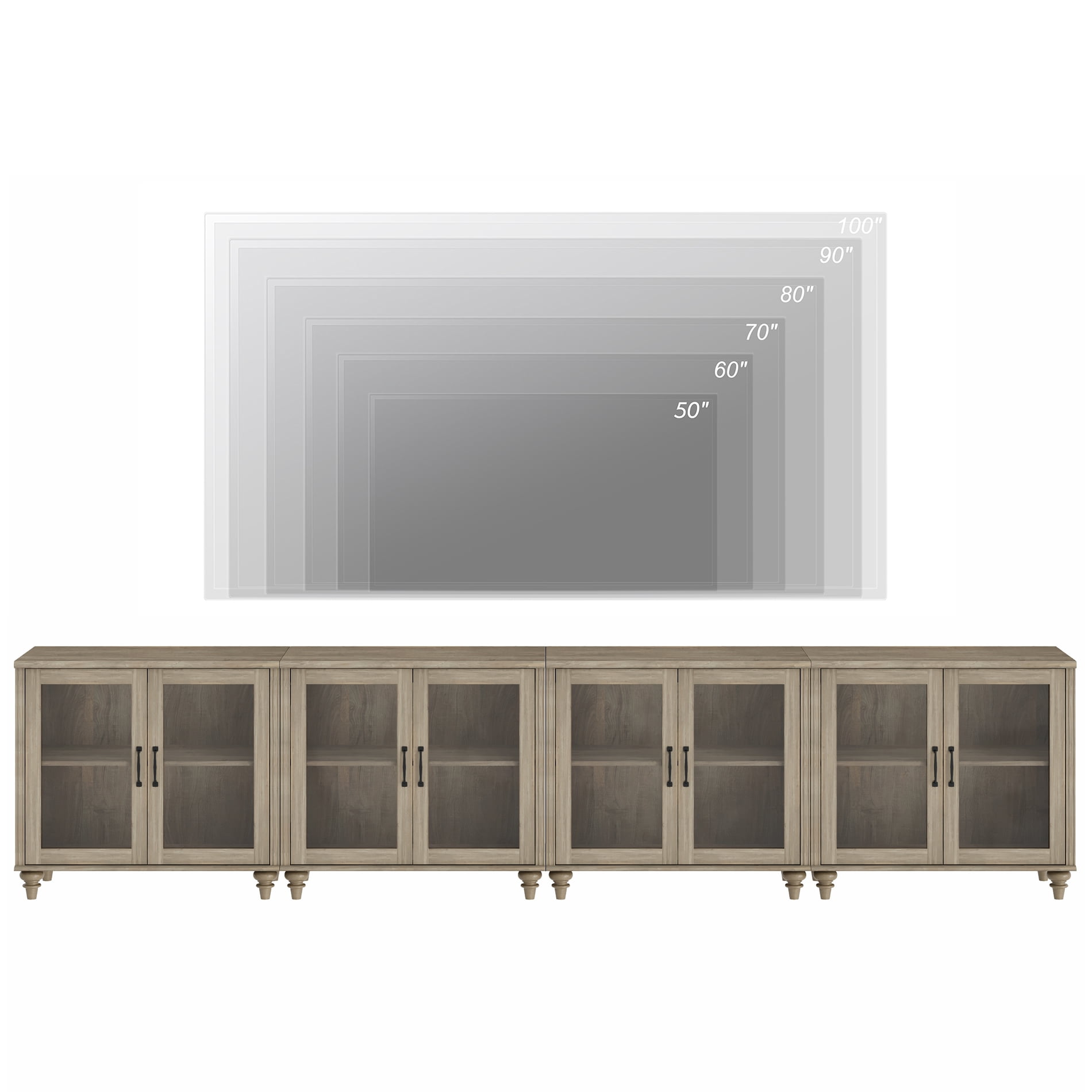 4-in-1 TV Stand, Wood Console Table Storage Cabinet for Living Room, Kitchen Sideboard Buffet Cabinet With Glass Door for Dining Room, Wash Grey