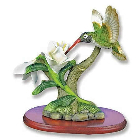 Flower Design Sculptured Porcelain - Hummingbird Figurine Porcelain with Tuberose Flower on Wood Base