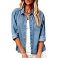 thumbnail image 2 of Enjoytime Denim Blouses for Women Dressy Casual Collared Button Down Shirts Fall Trendy Long Sleeve Tops, 2 of 8